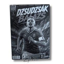 Egyedi gravírozott fém sportkártya Dzsudzsák Balázs képregény dizájnnal