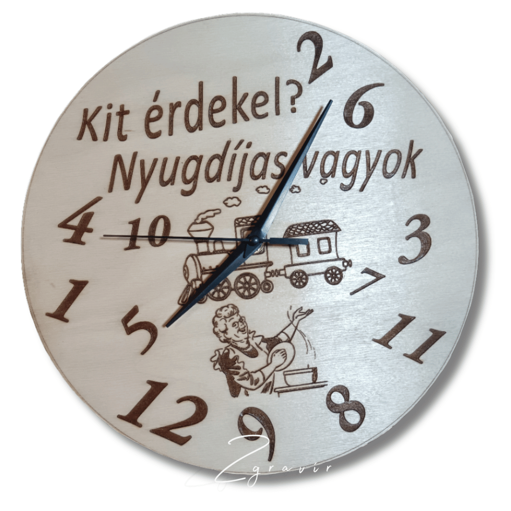 Egyedi gravírozott nyugdíjas falióra 30 cm rétegelt nyírlemez
